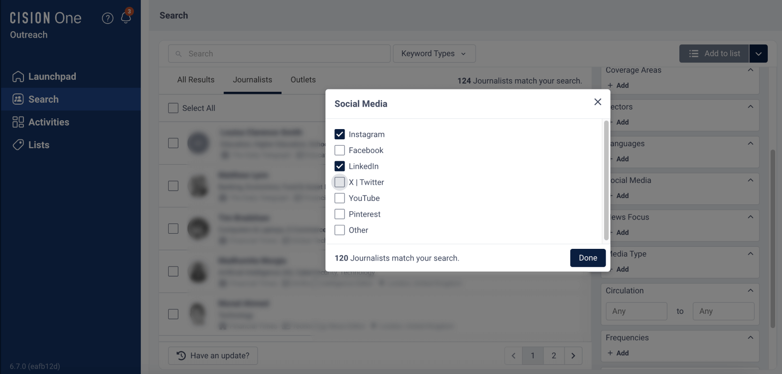 An example of a journalist database showing a search for journalist's based on their social media activity in CisionOne media database 