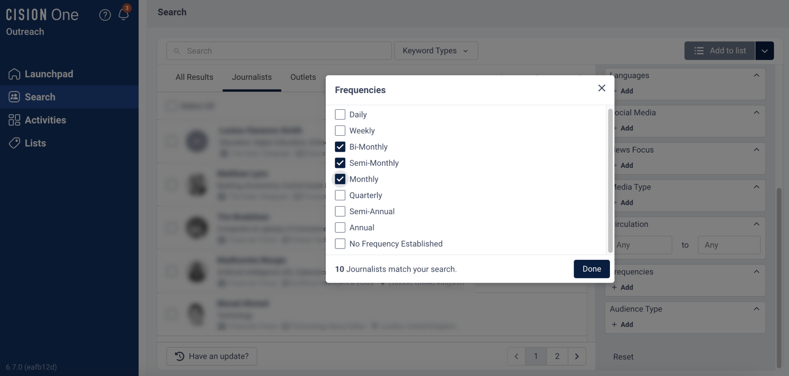 An example of a journalist database showing a search monitoring a journalist's publishing cadence in CisionOne media database 