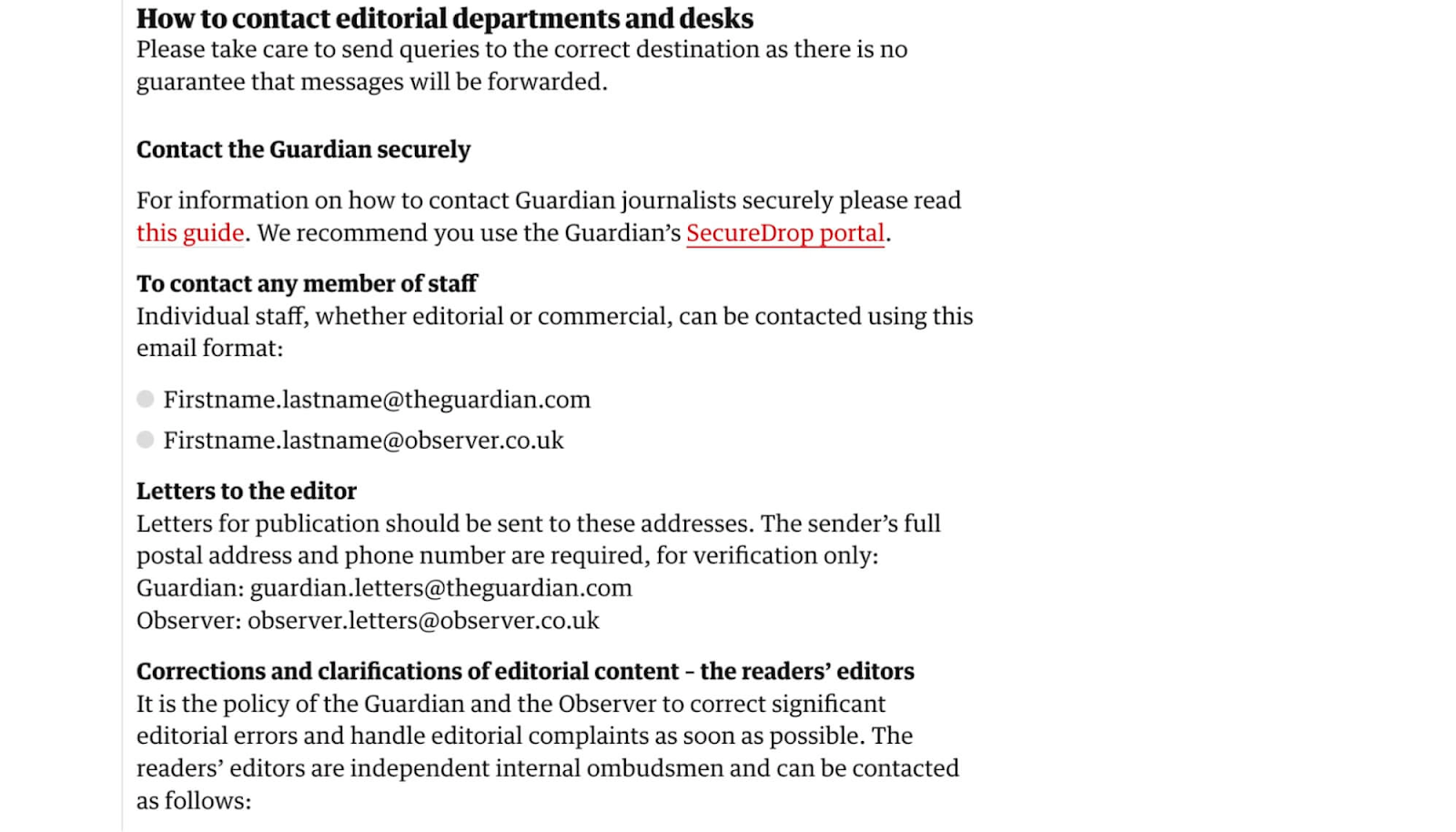 Editorial contact details for The Guardian