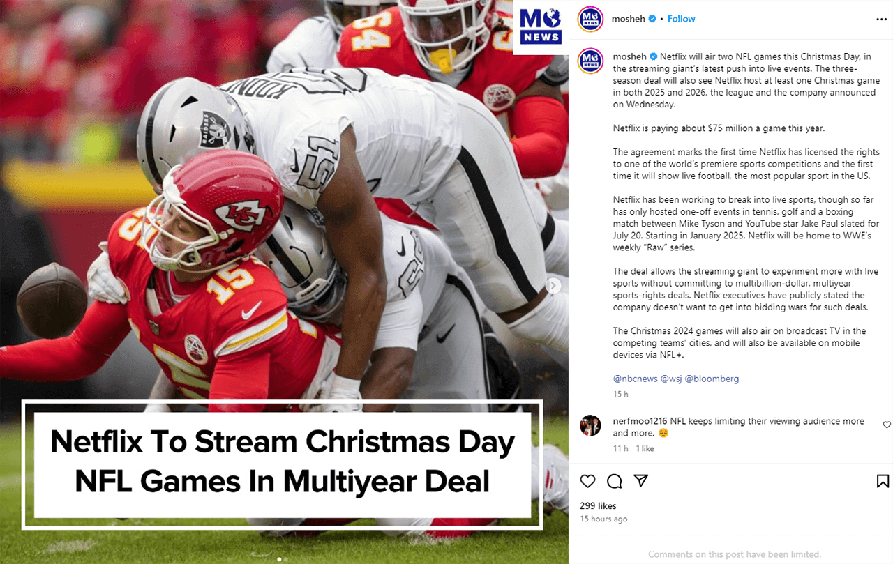 Instagram news showing Netflix NFL news