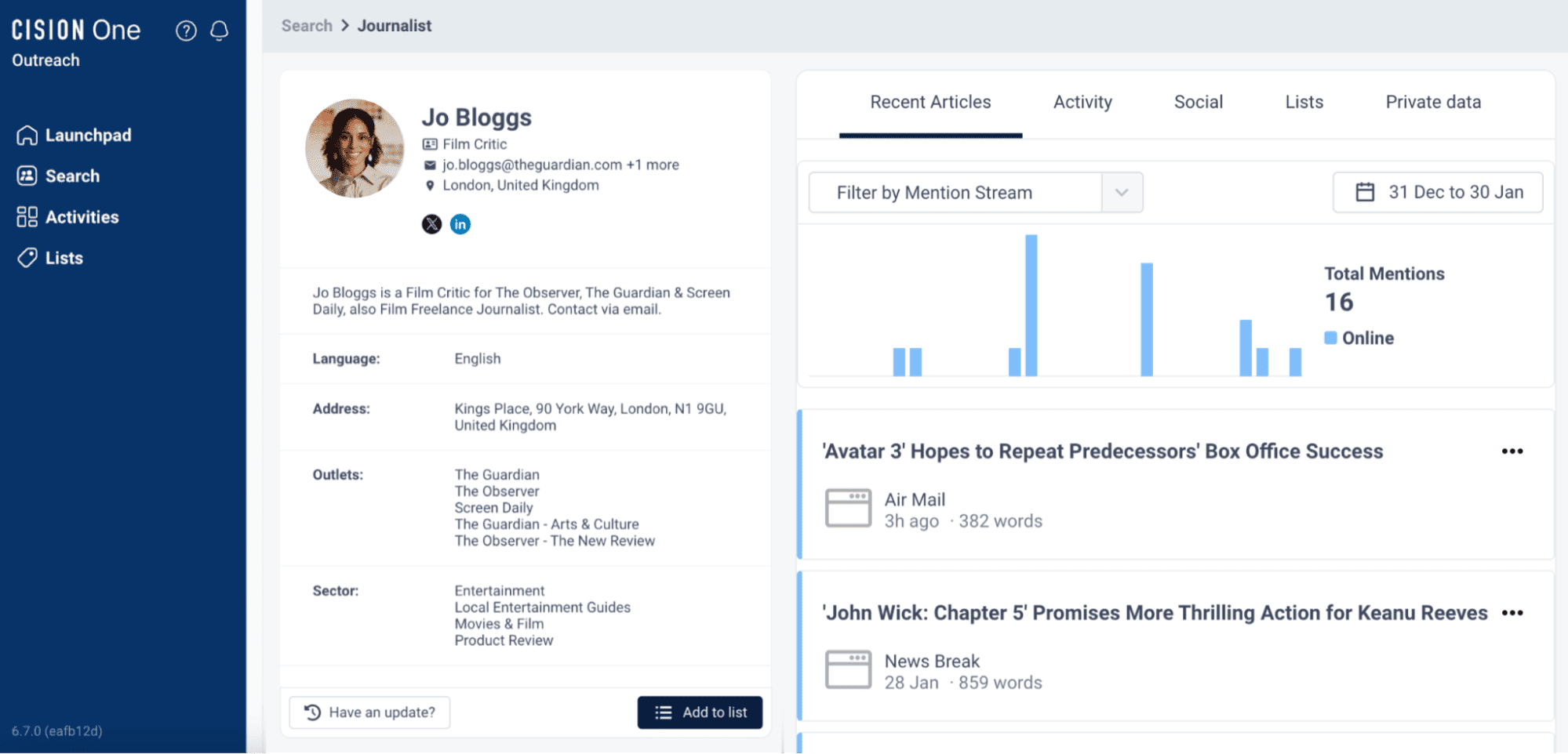 An example of a media database journalist profile in CisionOne