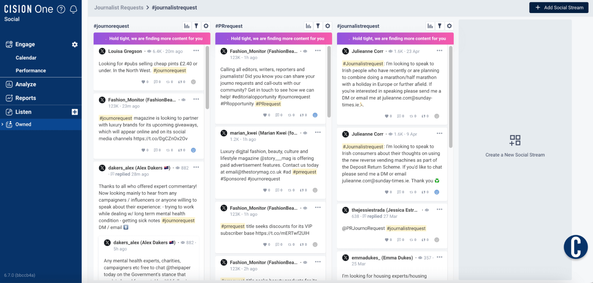 A screenshot of CisionOne social media monitoring tracking journalist request hashtags