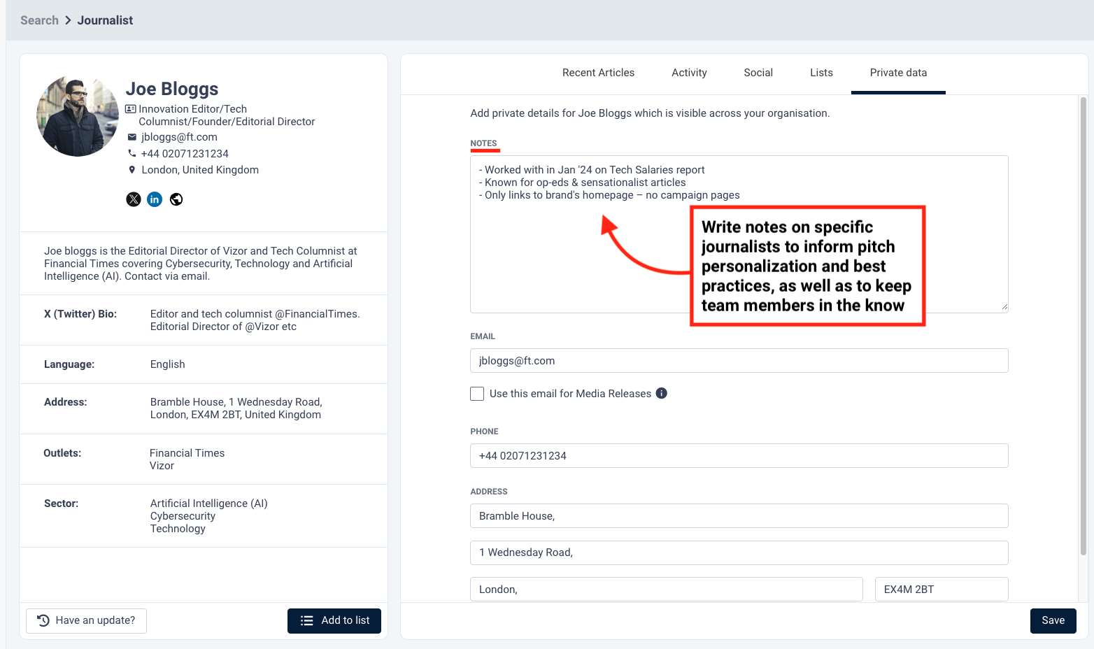 A CisionOne journalist profile from a media list, with the notes section highlighted.