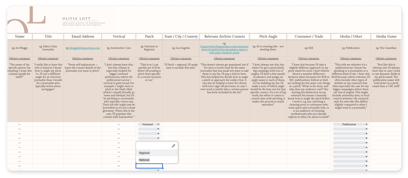 Olivia Lott Google Sheets media list template 