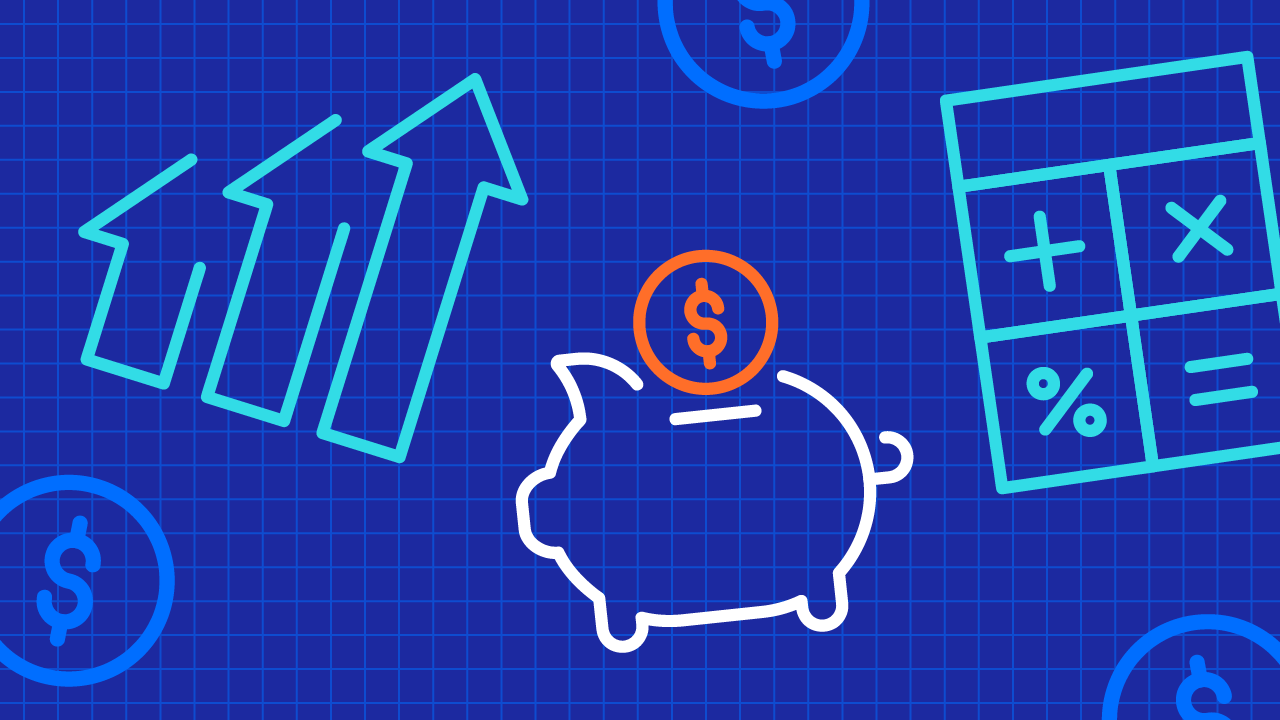 Icons on a blue background, including a piggybank, math symbols, and chart arrows pointing up